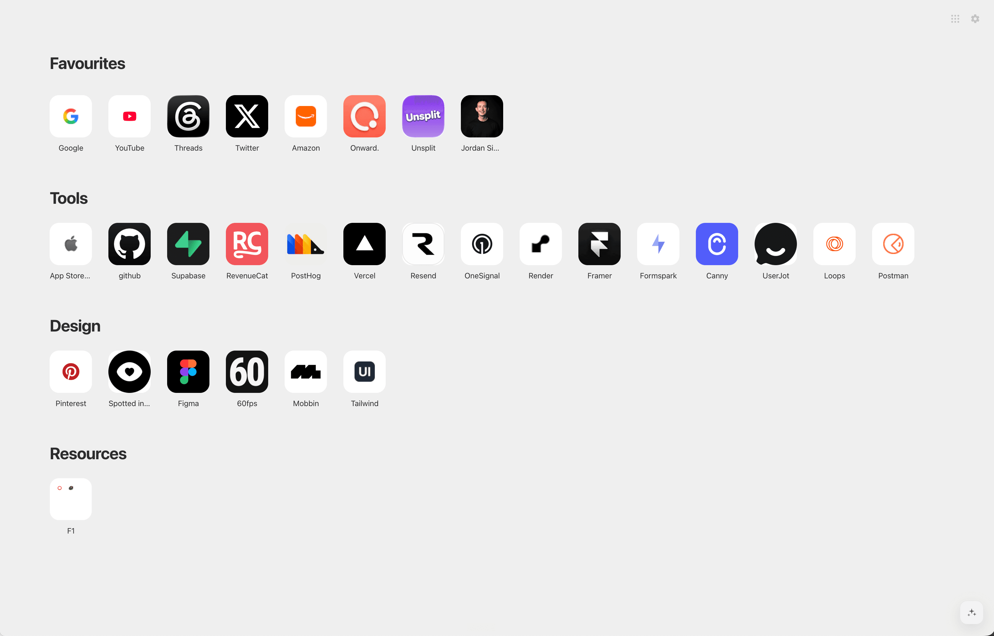Classic Favourites board with organised bookmark sections and app-style icons