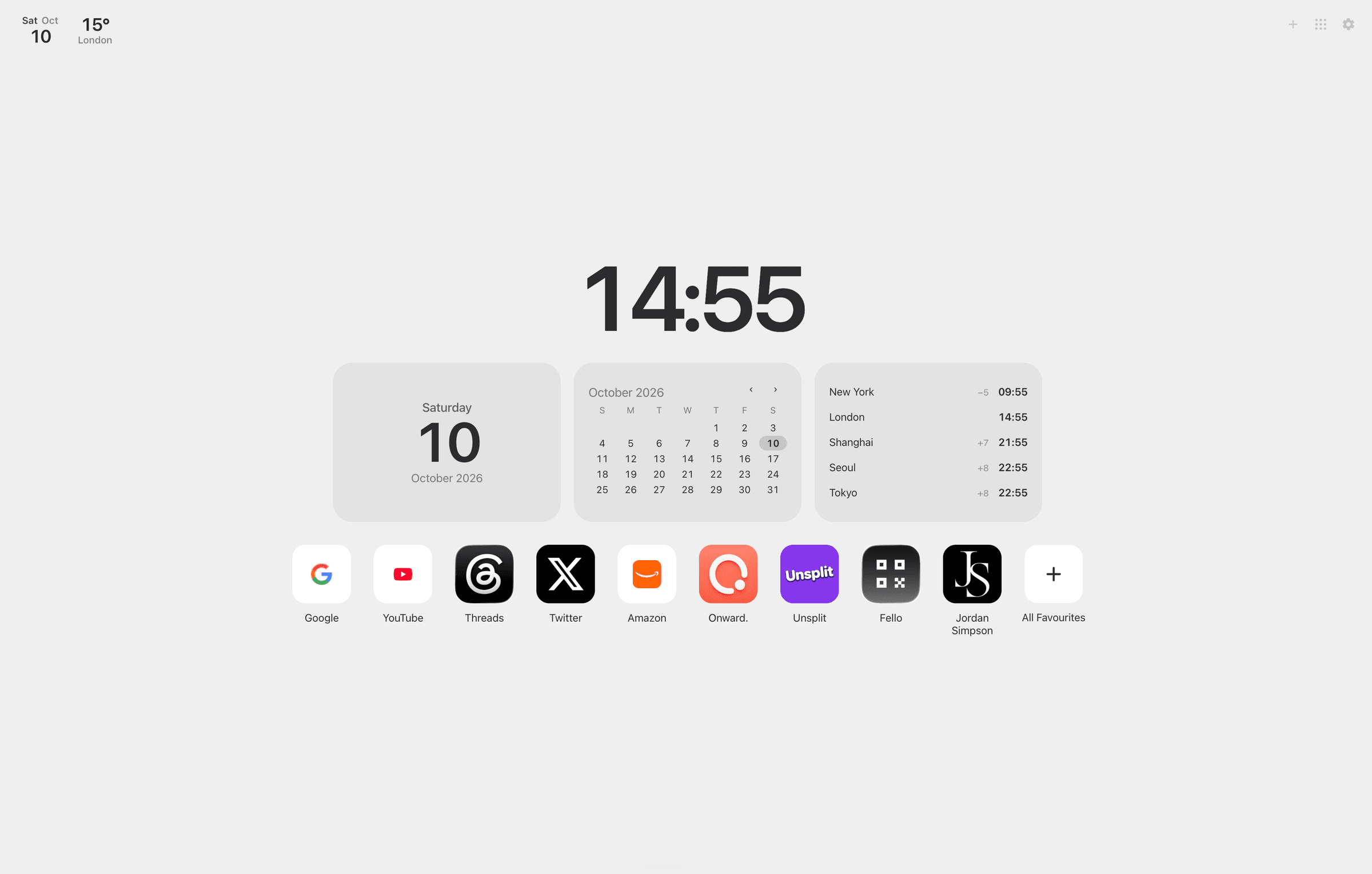 Favourites Launchpad New Tab with a large clock, favourite websites and optional widgets