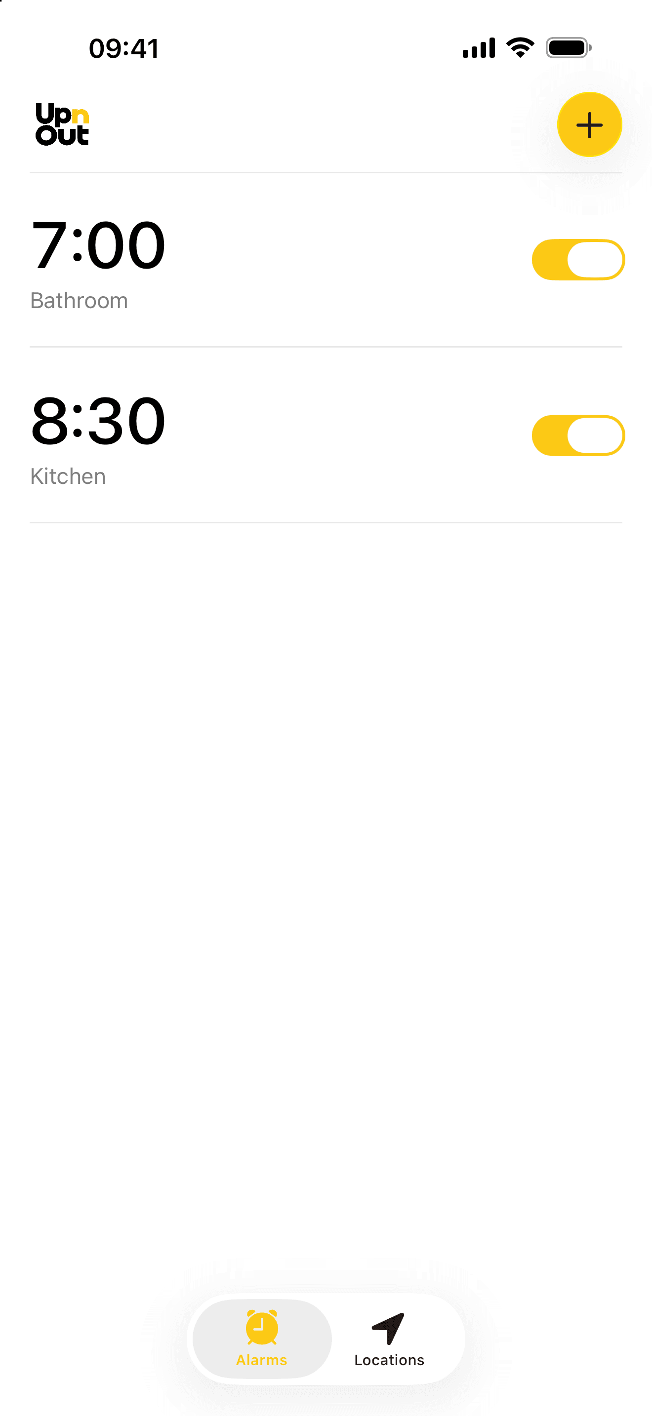 UpnOut on iPhone. The Alarms list with 7:00 Bathroom and 8:30 Kitchen, both switched on.
