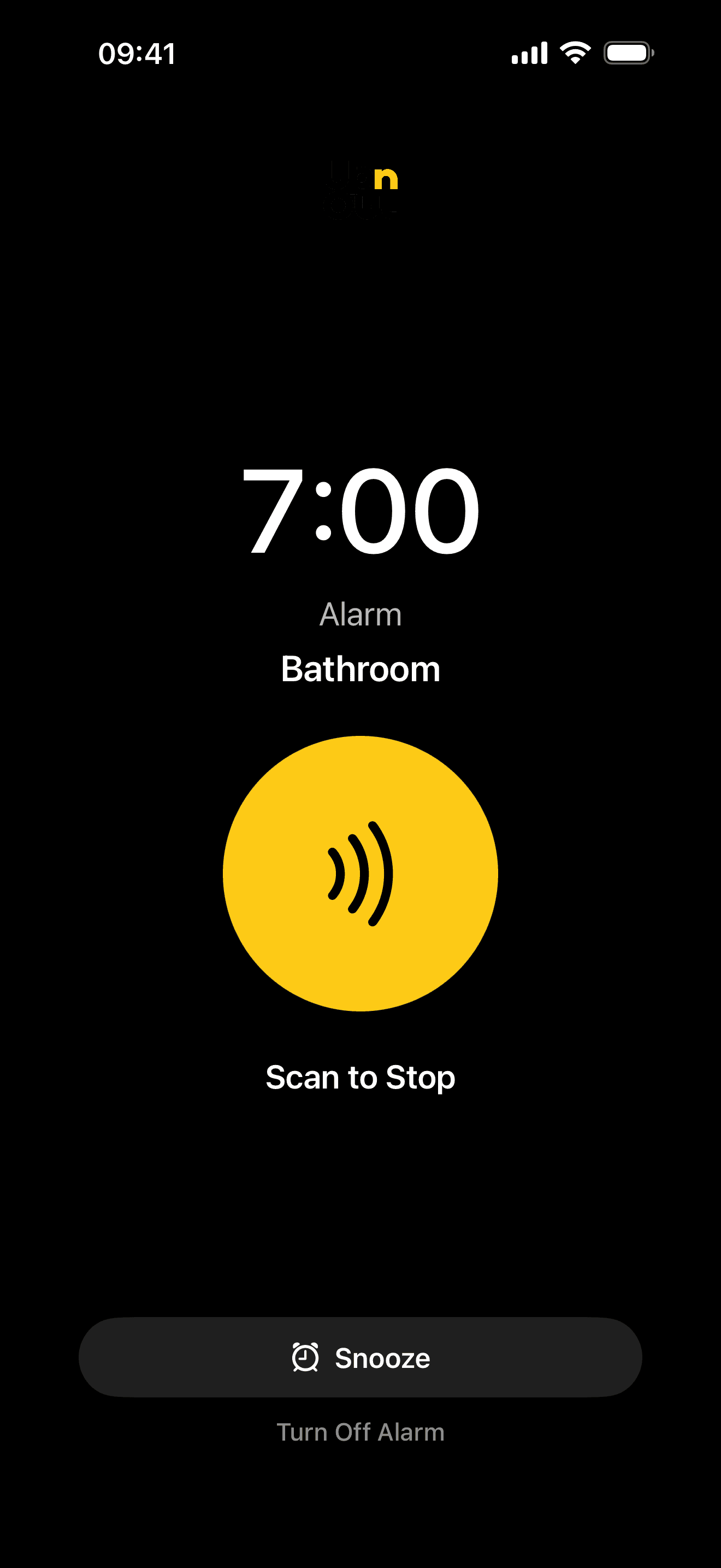In development. UpnOut on iPhone. A black alarm screen showing 7:00, Alarm, Bathroom, and Scan to Stop.
