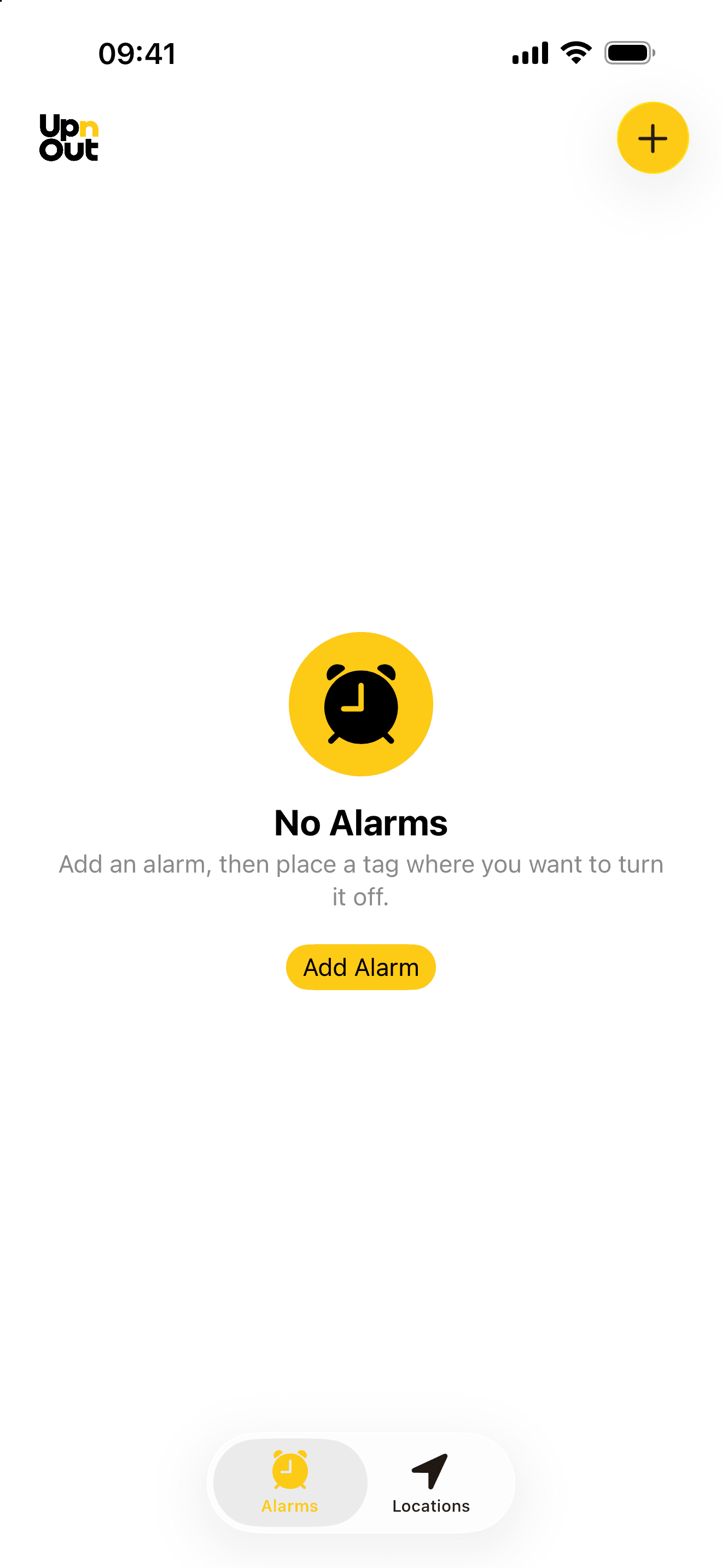 UpnOut on iPhone. An empty Alarms screen that says No Alarms, with an Add Alarm button.